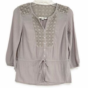 Boden | Crochet Button Front Top Gray Ruched Cotton Size 4